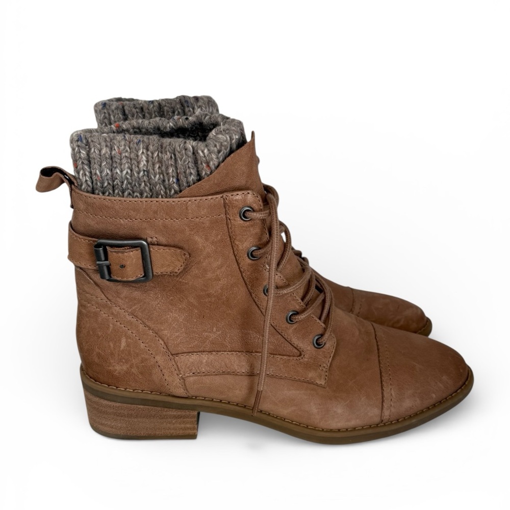 Comfortiva Brown Leather Ankle Combat Boots with Knit Cuff, Lace-Up & Zip 6.5